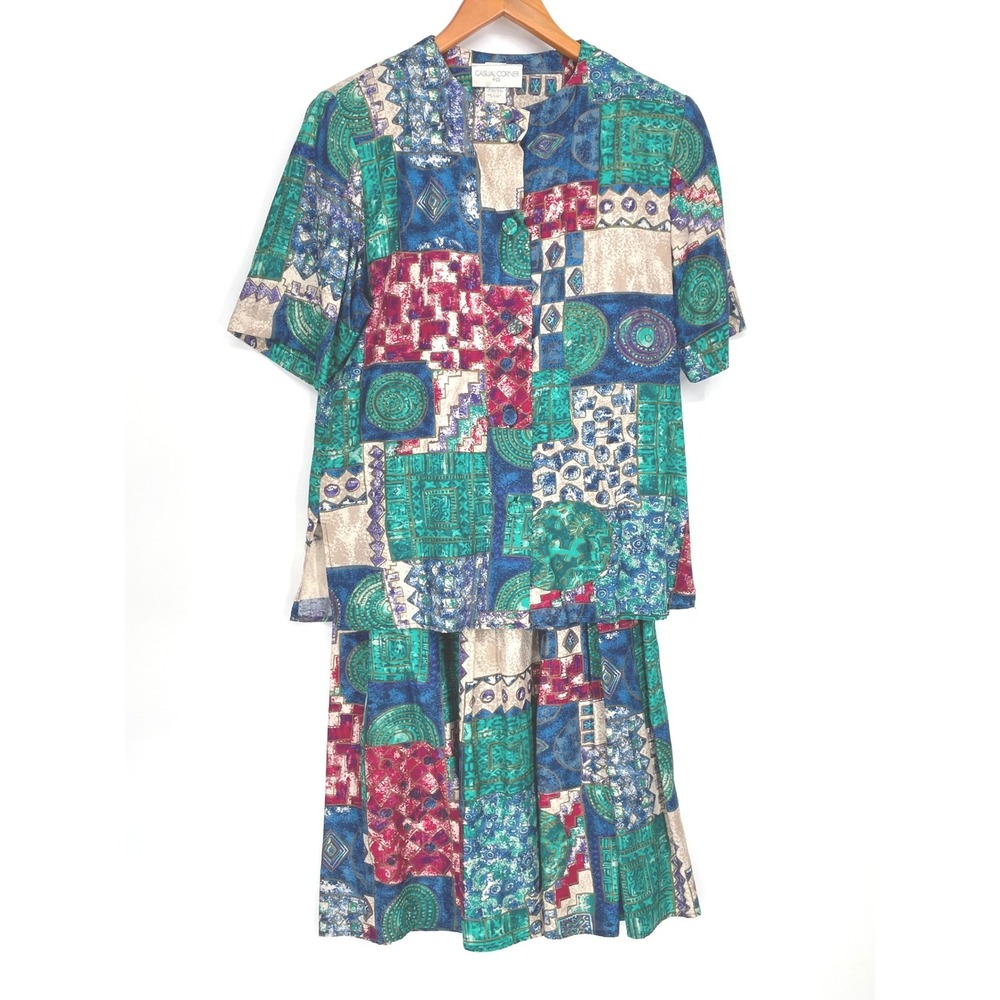 VTG Y2K Casual Corner Women Set S/M Skirt Suit Multi Abstract Geometric USA